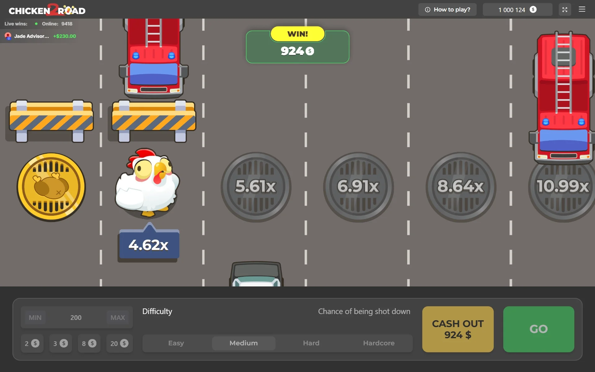 Impostazioni di Chicken Road 2 con opzioni di puntata, trappole e auto cash out